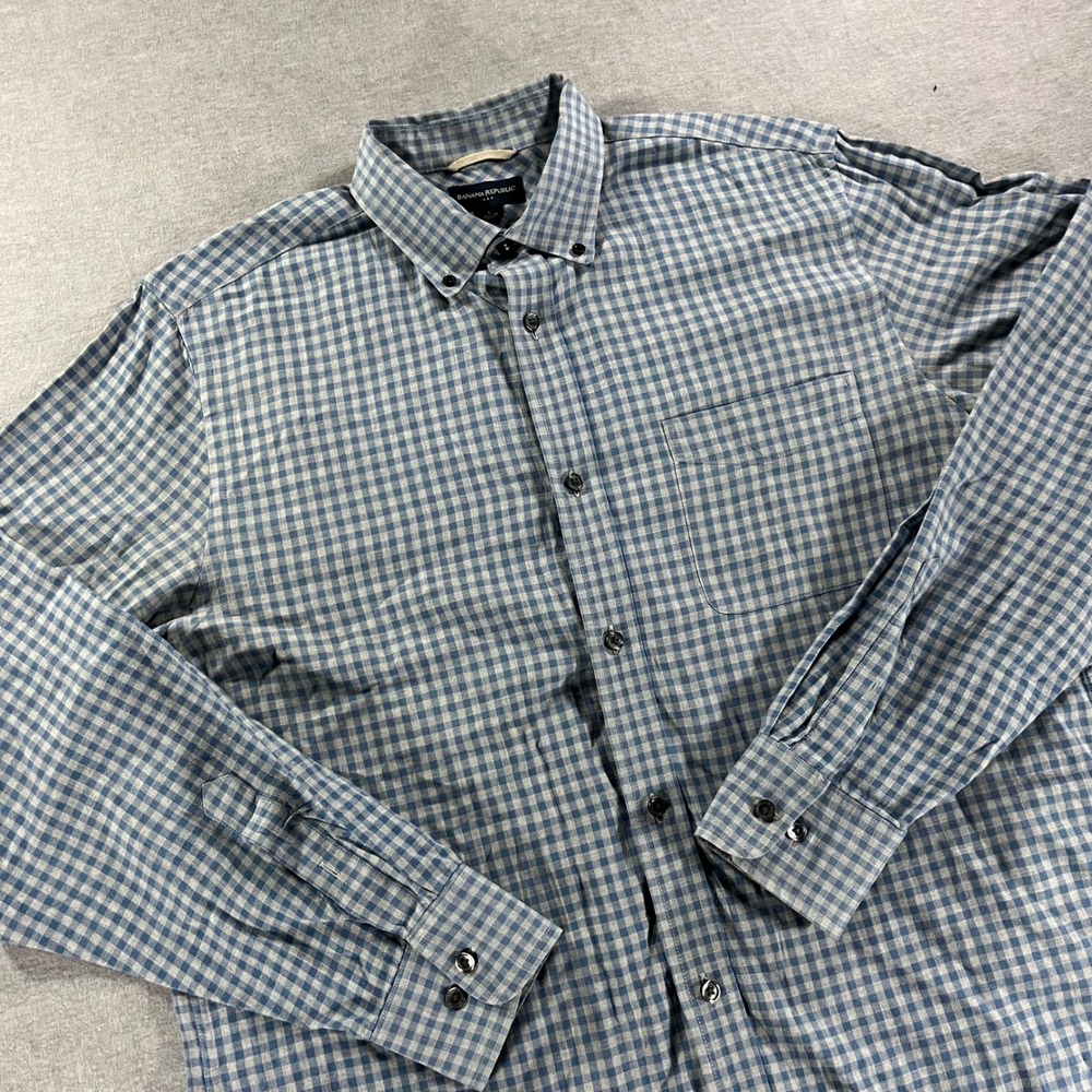 Banana Republic Mens Large Blue Gingham Check Cotton Button Down Shirt LS